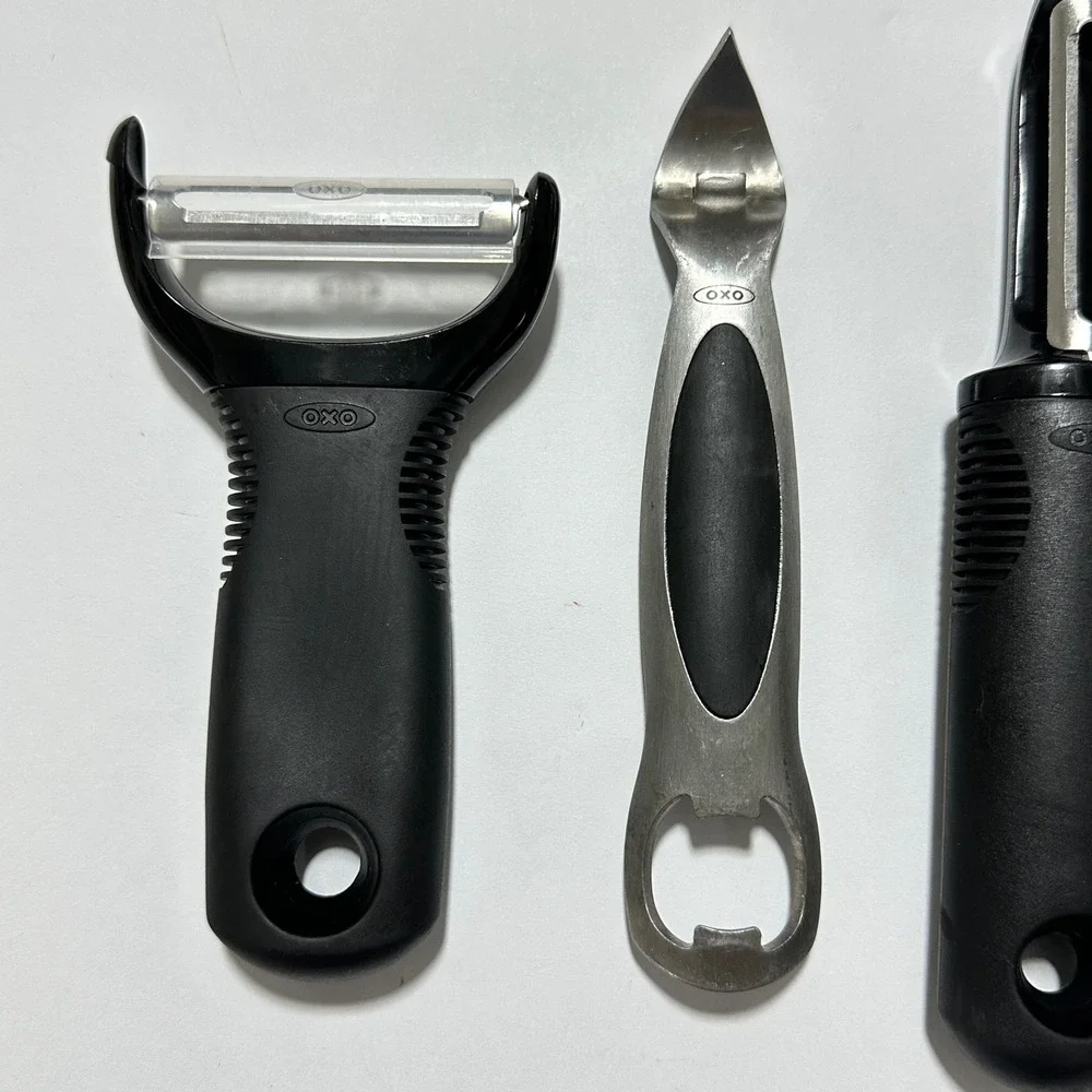 OXO Good Grips 4pc Kitchen Tools Pizza Cutter Peeler Bottle Opener Black Silver